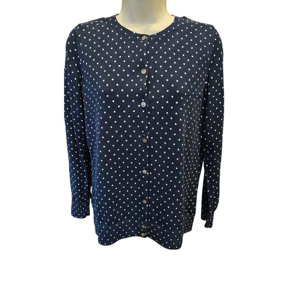 L.l. bean pima cotton navy polkadot cardigan S office teacher comfort warm EUC
